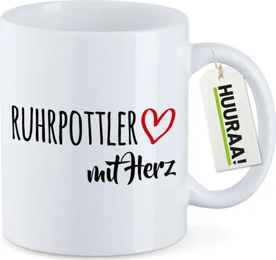Produktbild von Huuraa Kaffeetasse Ruhrpottler mit Herz 330ml Weiß Keramik Kaffeebecher Geschenkidee