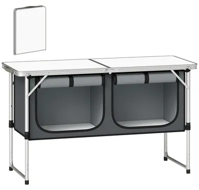 Produktbild von Camping Küche faltbar Campingschrank mit Aluminiumgestell Staufach Arbeitsplatte für Camping Reisen Silber