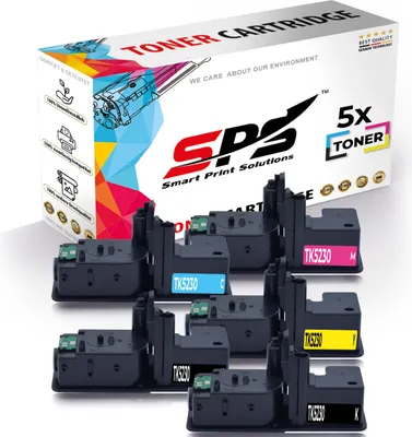 A product box for toner cartridges with several toner cartridges displayed in front of it.