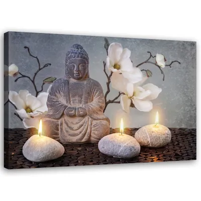 Zdjęcie produktu dla Obraz, Budda zen kwiat orchidei 100x70 cm Feeby szary obraz na ścianę  gotowy do powieszenia