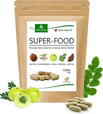 Produktbild von Superfood Tabletten 1000mg | Moringa+Ashwagandha+Triphala Mischung I Nährstoff-Lieferant I Vegan I für bis zu 2 Monate | 120 Stk. von Moriveda