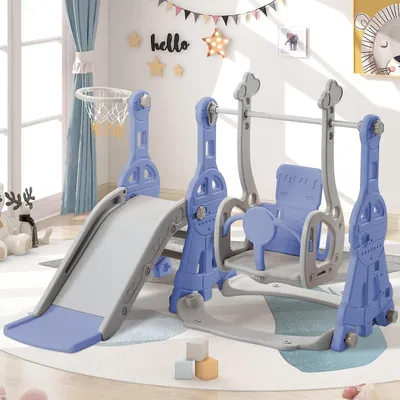 Produktbild von Rutsche für Kinder, 4 in 1 Kinderrutsche Schaukel Basketballkorb, Kletterleiter, Kinder Spielplatz Gartenrutsche für In- und Outdoor, Hinterhof Baby Rutsche Set, Blau