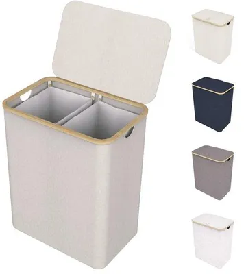 Image de Bac à linge beige de 150 litres avec couvercle et 2 compartiments - Structure robuste en bambou - Sacs à linge amovibles - Imperméable