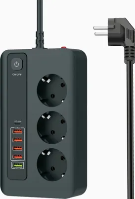 A dark gray power strip with multiple outlets and USB ports, along with its black power cord and plug, is displayed against a white background.