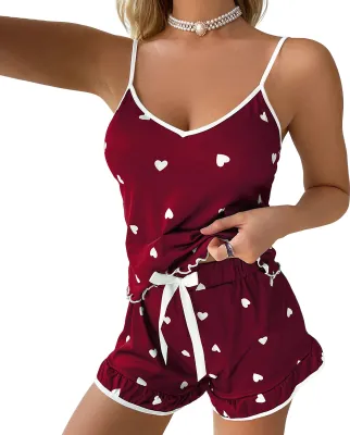 Produktbild von 1 Set Damen-Pyjama-Set, ärmelloses Leibchen, elastische Taille, Schlafanzug aus Polyester mit Herz-Print, Sommer-Pyjama-Set, Schlafbekleidung