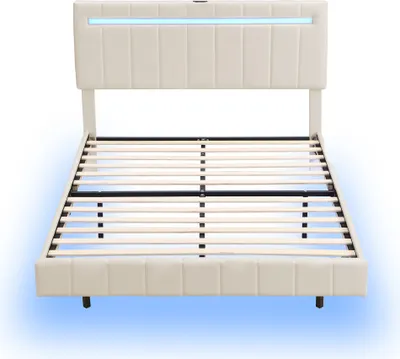 Produktbild von Polsterbett 140 x 200cm(Ohne Matratze) Doppelbett Gästebett Schwebebettrahmen Mit LED-Leuchten und Kopfteildesign Leinenstoff Beige