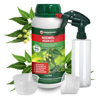 Produktbild von Veddelholzer 1000 ml Premium kaltgepresstes 100% natürliches Neemöl Komplett Set mit natürlichem Emulgator + Sprühflasche 500 ml & 2 Messbecher
