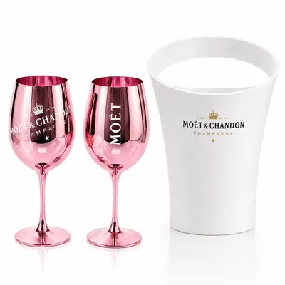 Image de Set de refroidisseur à champagne pour Moët & Chandon – Refroidisseur en acrylique blanc avec 2 verres à champagne en verre véritable, couleur rose – Coffret champagne de luxe