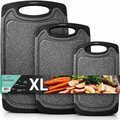 Produktbild von HSXL 3-teiliges Kunststoff-Schneidebrett-Set schwarz mit rutschfesten Griffen – mit großem Schneidebrett von 40 x 24 cm