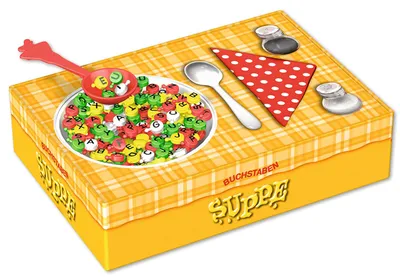 A game box with a checkered pattern, featuring a bowl of letter pieces, a spoon, and a napkin.