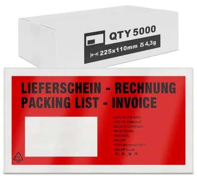 Produktbild von verpacking 5000 Lieferscheintaschen 225 x 110 mm Rot DIN Lang [Farbe und Stückzahl wählbar] selbstklebend Dokumententasche für Rechnungen und Dokumente