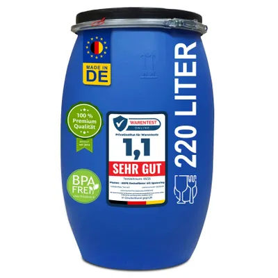 Produktbild von plasteo® 220 Liter Deckelfass Gefahrgutzulassung UN Kunststofffass Weithalsfass Universalfass Transportfass Maischefass Robust und Stabil Germany