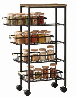 Obrázek produktu pro Servírovací vozík - Kuchyňský vozík na kolečkách - 4 odnímatelné koše - Nosnost 15 kg - Kovový rám - Rustikální hnědá barva
