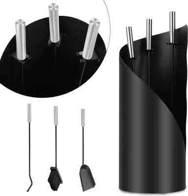 Productafbeelding van Eikuavons kaminaccessoires, 4-delig, met ronde houder. Zwarte kaminaccessoireset met roestvrijstalen handgrepen, geschikt voor zowel open haard als kachel