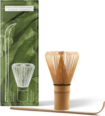 Produktbild von 2-teiliges Set aus Matchaklopfer und Matcha-Löffel - handgefertigter Matcha-Wisk (Chasen) aus Bambus mit Löffel (Chashaku) für die traditionelle Zubereitung von Matcha-Tee