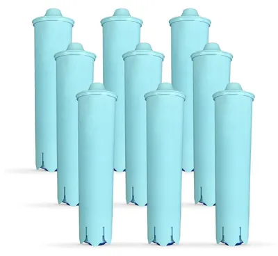 A set of nine light blue water filter cartridges arranged in rows.