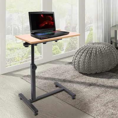 Obrázek produktu pro Stůl na notebook na kolečkách – stolek k pohovce/posteli – výškově nastavitelný – sklopná deska stolu – kovový rám s dřevěnou deskou – obdélníkový – hnědý