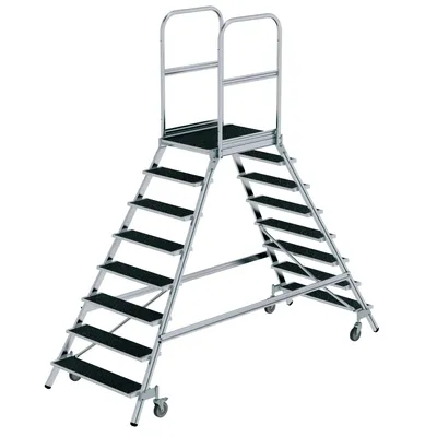 Produktbild von Günzburger Steigtechnik Podesttreppe beidseitig begehbar mit Federrolle Korundbeschichtung R13 2x8 Stufen - 059208