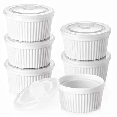 Zdjęcie produktu dla Zestaw foremek do creme brûlée z pokrywkami, 6 sztuk, pojemność 120 ml każda, powłoka nieprzywierająca, nadają się do pieczenia, porcelana, średnica 9 cm, kolor biały