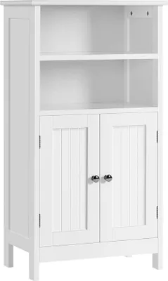 Produktbild von Unyqoos® Weißer Multifunktionsschrank 50 x 30 x 92,5 cm, es MDF, höhenverstellbarer Einlegeboden, 2 offene Fächer & Doppeltüren – Bad, Küche, Wohnzimmer
