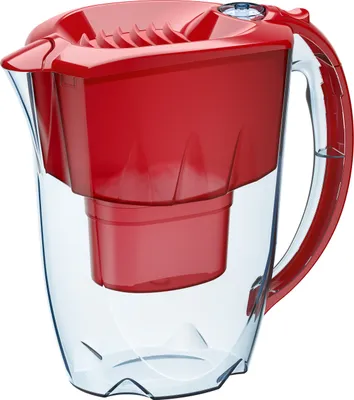 A red and clear water filter pitcher is shown against a white background.