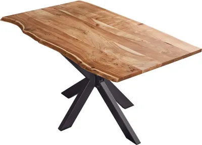Produktbild von Esstisch 180x90cm Benni, Akazienholz massiv + naturfarben, echte Baumkante, Baumkantentisch mit Spider-Metallgestell Schwarz, Esszimmertisch mit Tischplatte 26mm