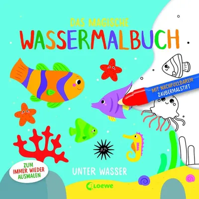 A colorful illustration of an underwater scene with various sea creatures and a water coloring pen.