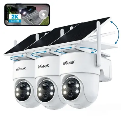 Productafbeelding van ieGeek 2K/3MP Bewakingscamera voor buiten, zonne-energie: Camera met batterij, WLAN, 360° PTZ, bewaking voor buiten, eenvoudige installatie, PIR-sensor, bewegingsdetectie, 3 stuks