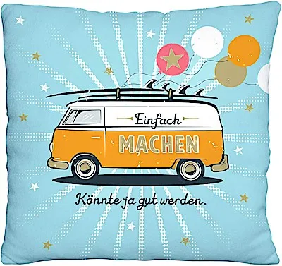 Produktbild von Die Geschenkewelt 46426 Kleines Plüschkissen Bus, Einfach machen, 25 cm x 25 cm, Zierkissen