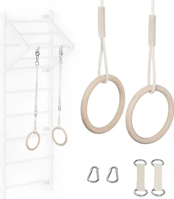 Produktbild von MAMOI Turngeräte Set: Trapezschaukel, Turnringe, Holzschaukel, Trapezstange aus Kiefern- & Buchenholz für Kinder (Indoor & Outdoor). Seillänge 90-135 cm, Stangendurchmesser 2 cm, bis 50 kg belastbar. Längenverstellbar, Naturholz, Made in EU, EN-geprüft, kindgerechte Griffe, Deckenmontage möglich, gebrauchsfertig.