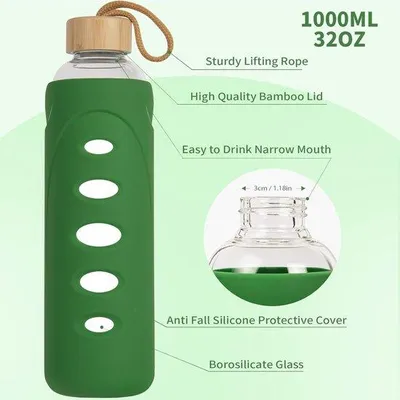 Produktbild von Sport Borosilicate Glas Wasserflasche - 1000 ml Trinkflasche mit Silikon-Abdeckung