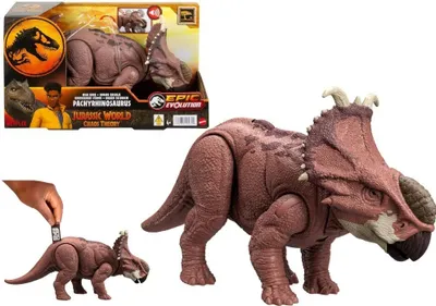 A collage of images showing a Jurassic World Pachyrhinosaurus toy, its packaging, and a smaller version of the toy being interacted with.