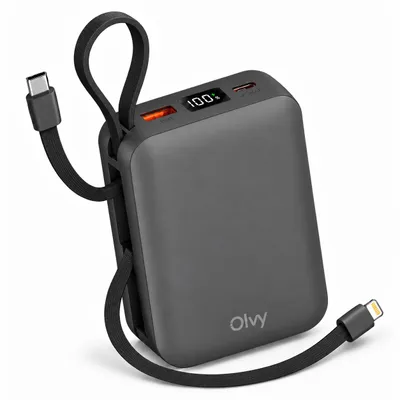 Produktbild von Olvy 2-in-1 Powerbank 20.000 mAh mit LCD-Display – 22,5 W Schnellladen – Integriertes USB-C-Schnellladekabel und Lightning-Kabel – Tragbares Ladegerät