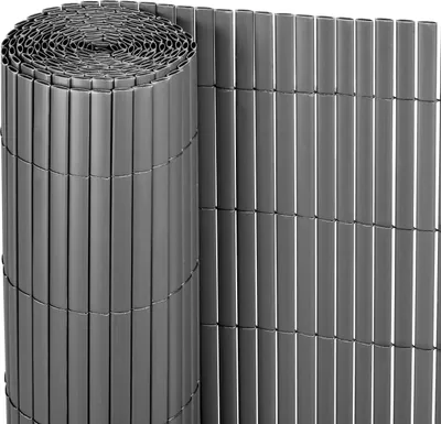 A rolled-up privacy screen made of grey plastic slats.