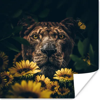 Produktbild von MuchoWow® Poster Löwe - Blumen - Tiere - Botanisch 30x30 cm - Wandposter - Printing