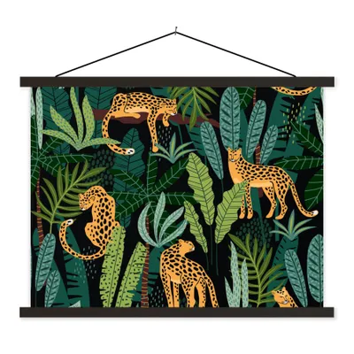 Produktbild von MuchoWow® Textilposter Dschungel - Panther - Muster - Jungen - Mädchen - Pflanzen 120x90 cm mit schwarzem Rahmen - Aufhänger für Poster