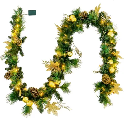 Produktbild von KOMFOTTEU 270 cm Weihnachtsgirlande mit 50 LED-Lichtern, künstliche Tannengirlande mit Timerfunktion, Weihnachtsdekoration mit für Treppe, Kamin (Grün und Gold)