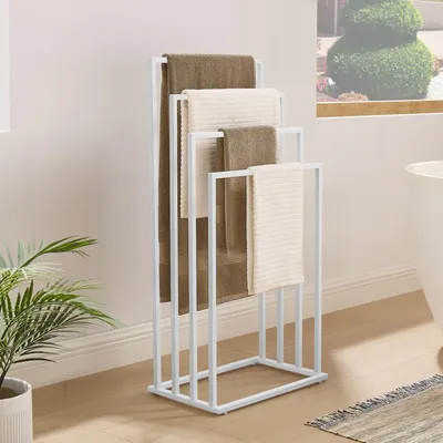 Image de Porte-serviettes sans percer Porte-serviettes en acier à 4 barres Porte-serviettes vertical Barre porte-serviettes salle de bain | 4 barreaux en acier autoportant | Blanc | 45x29x93,5 cm (LxPxH)