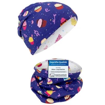 Produktbild von HECKBO Kinder Beanie & Loop Schal Set - Wende-Design Cookies für Frühling & Herbst