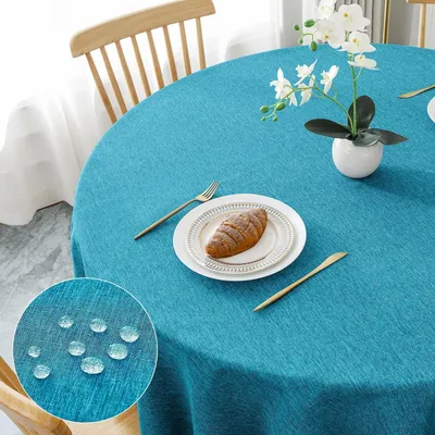 Obrázek produktu pro Obdélníková ubrus, průměr 120 cm, světle modrá, vzhled lněného plátna, polyester, vodoodpudivá, odolná proti poškrábání