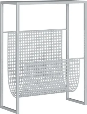 A silver metal magazine rack with a perforated design.