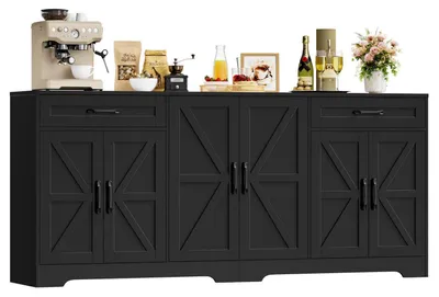 Produktbild von Sideboard 180cm Breit mit Arbeitsplatte, 6 Türen, 2 Schubladen, Schwarz 180x87x34 cm