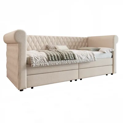 Produktbild von okwish Schlafsofa Daybett 90x200cm mit Lattenrost aus holz, Polsterbett Sofabett mit 2 Stauraum Schubladen und hohe Rückenlehne(Ohne Matratze)- Beige