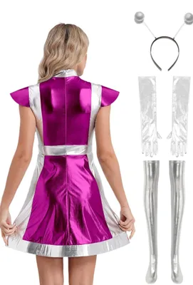 Produktbild von Galaktisches Damen Space Girl Kostüm – Gr. M - Metallic Kleid für Partys, Halloween, Karneval & Fasching - Dehnbar & Glänzend inkl. Alien-Haarreif