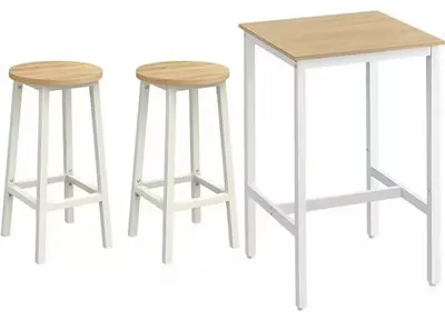 Obrázek produktu pro Barový set – stůl + 2 barové stoličky – vysoký kuchyňský bar, třídílný set, snadná montáž – dub béžový/bílý