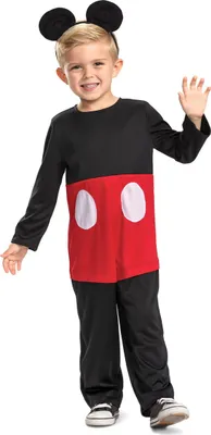 A young child wearing a Mickey Mouse costume.