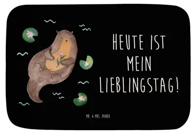 Produktbild von Mr. & Mrs. Panda Badteppich Otter Seerose - Schwarz - Geschenk, Teppich Bad, Lieblingstag, Badvorleger, duschmatte, Badematte, Fischotter, Badläufer, Fluss, Seeotter