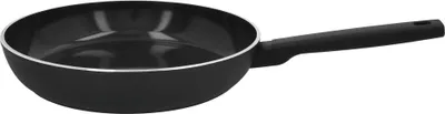 A black frying pan with a silver rim and a black handle is shown against a white background.