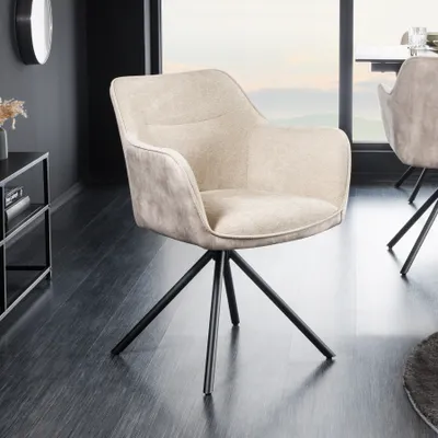 Produktbild von riess-ambiente Drehbarer Stuhl VERONA champagner Samt Strukturstoff mit Armlehne Metallbeine schwarz Drehstuhl Esszimmerstuhl Konferenzstuhl