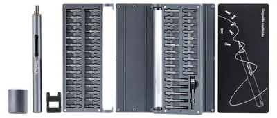 Produktbild von StarTech.com Elektrischer Mini-Schraubendreher - Mini-Akkuschrauber für Elektronik-, Laptop-, Computer-, Tablet- & Telefon-Reparaturen - 55 Bits - LED - Magnetisch - Kabellos, Elektrischer Schraubendreher, Gerader Griff, Silber, 110 RPM, 0,25 Nm, 0,35 Nm